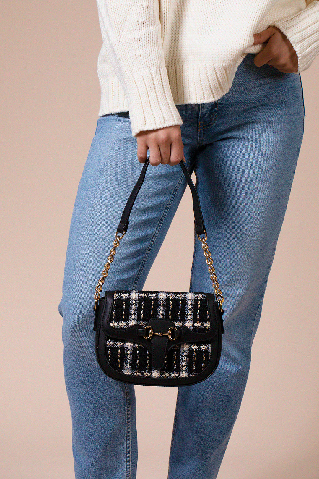 Knit Check Shoulder Bag in Black White - svnx