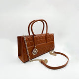 Faux Leather Luxe Quilted Top‑Handle Crossbody Bag in Brown