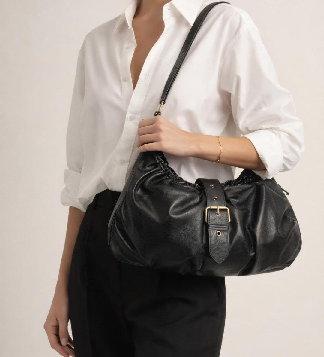 Buckle Gathered Shoulder Bag in Black