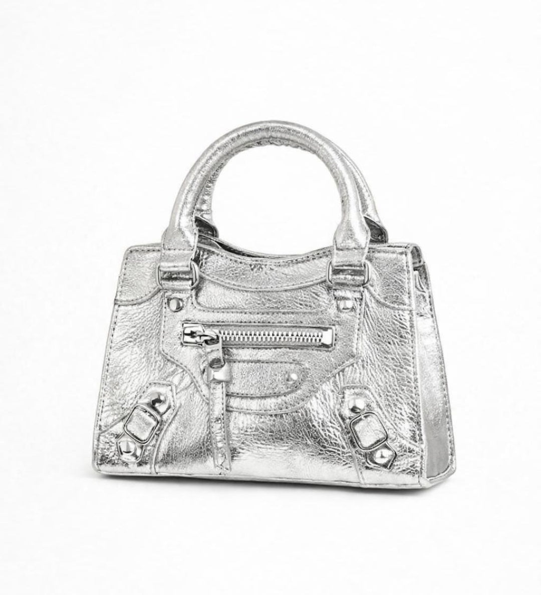 Zip Detail Satchel Handbag in Silver