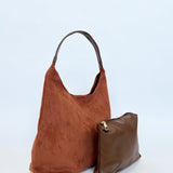 Suede Hobo Shoulder Bag in Tan