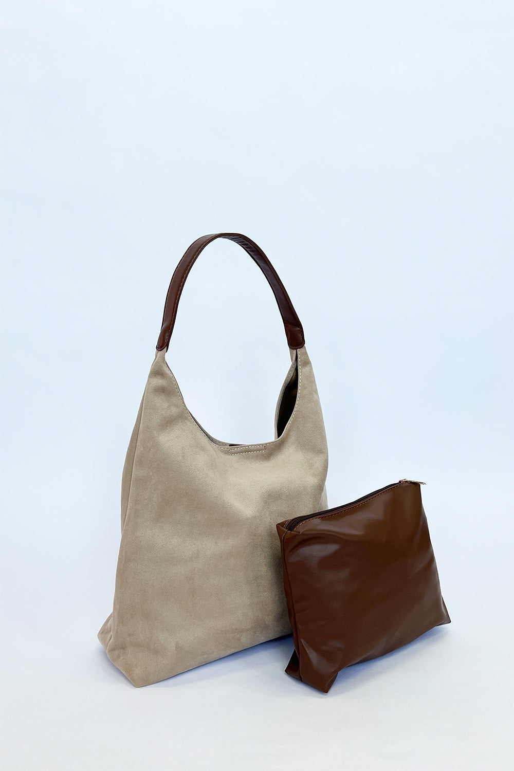 Suede Hobo Shoulder Bag in Beige - svnx