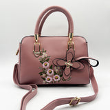 Embroidered Floral Rounded Grab Bag in Pink