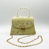 Embroidered Floral Pearl Top Handle Bag
