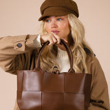 Wide Woven Tote Bag In Dark Brown