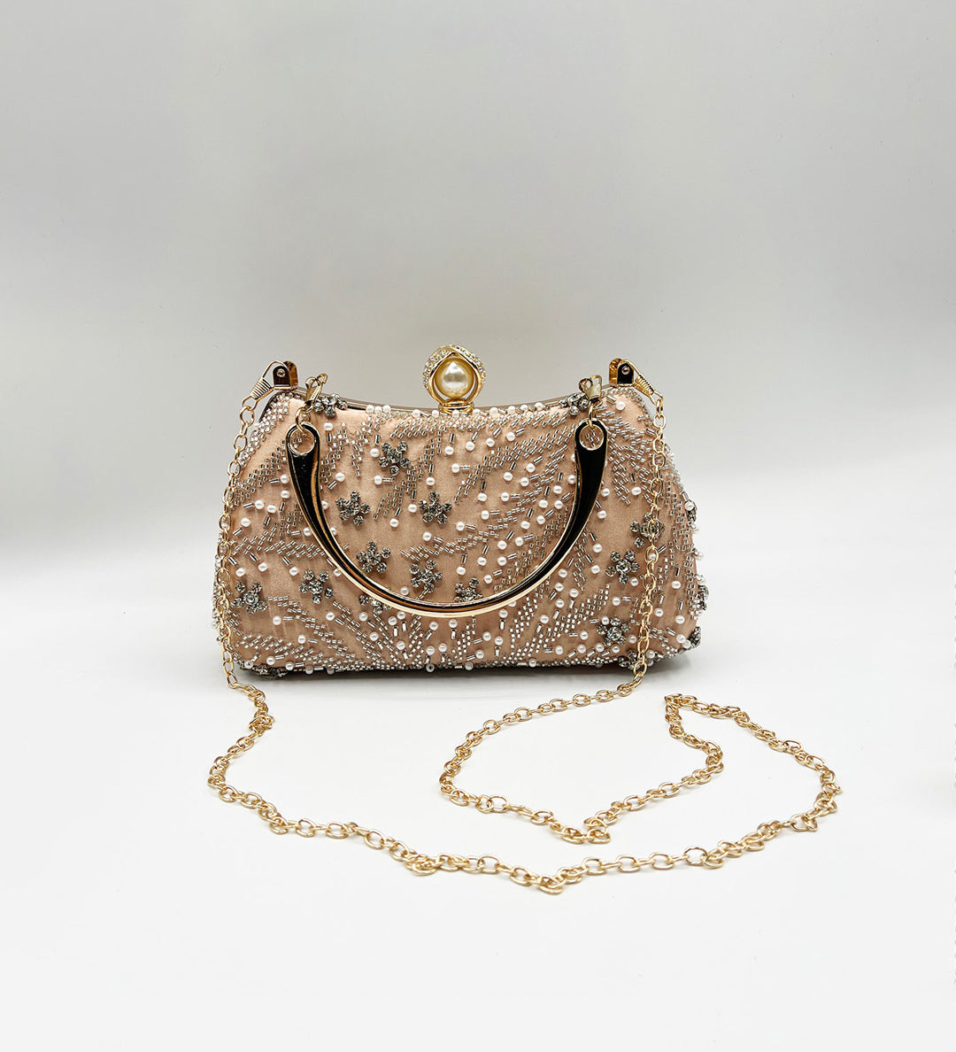 Floral Beaded Clutch Bag In Champagne - svnx