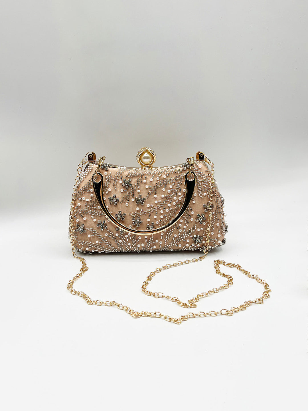 Floral Beaded Clutch Bag In Champagne - svnx