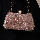 Floral Beaded Clutch Bag In Champagne