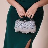 Embellished Fringe Clutch Bag In Silver