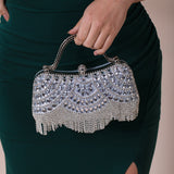 Embellished Fringe Clutch Bag In Silver