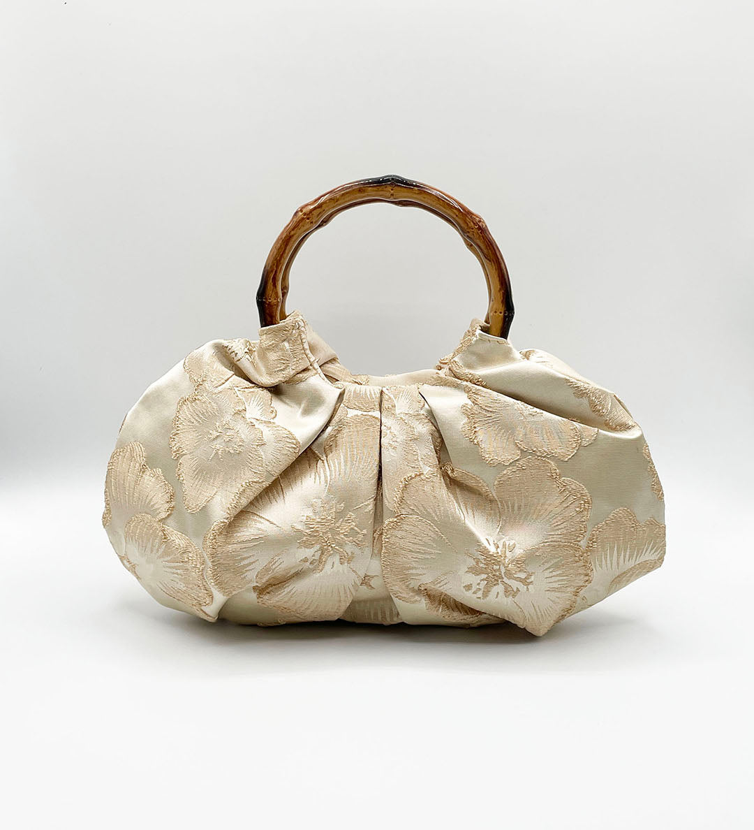 Vintage Bamboo Handle Pleated Handbag in Beige