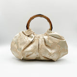Vintage Bamboo Handle Pleated Handbag in Beige