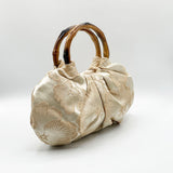 Vintage Bamboo Handle Pleated Handbag in Beige
