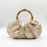 Vintage Bamboo Handle Pleated Handbag in Beige