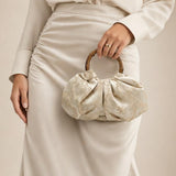 Vintage Bamboo Handle Pleated Handbag in Beige