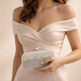 Vintage Pearl and Diamante Clutch Bag in Silver
