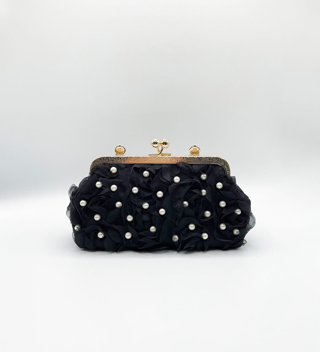 Lace Floral Clutch Bag with Pearl in Black