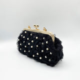 Lace Floral Clutch Bag with Pearl in Black