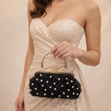 Lace Floral Clutch Bag with Pearl in Black