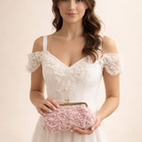Lace Floral Clutch Bag with Pearl in Pink