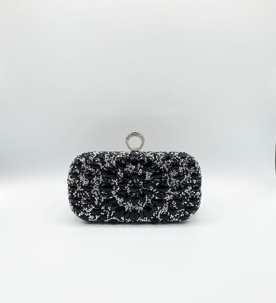 Rhinestone Ring Clasp Clutch Bag in Black