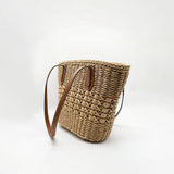 Single Shoulder Striped Straw Bag in Beige