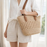 Single Shoulder Striped Straw Bag in Beige