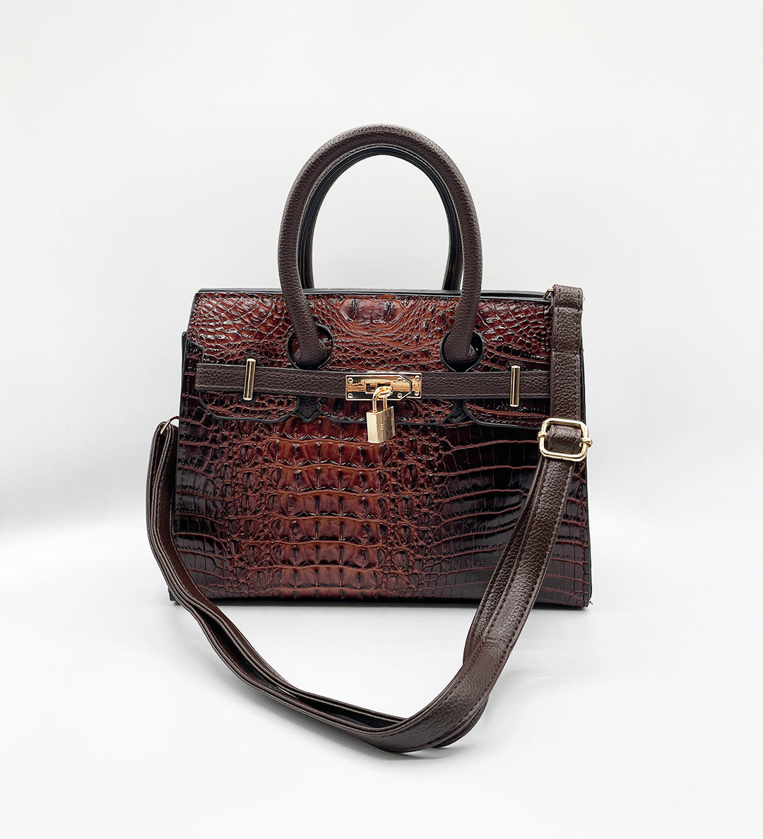 Crocodile-Print Handbag in Dark Brown