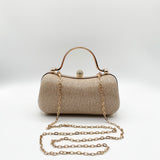 Diamonte Handle Glitter Clutch Bag with Chain Strap in Gold