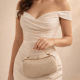 Diamonte Handle Glitter Clutch Bag with Chain Strap in Gold