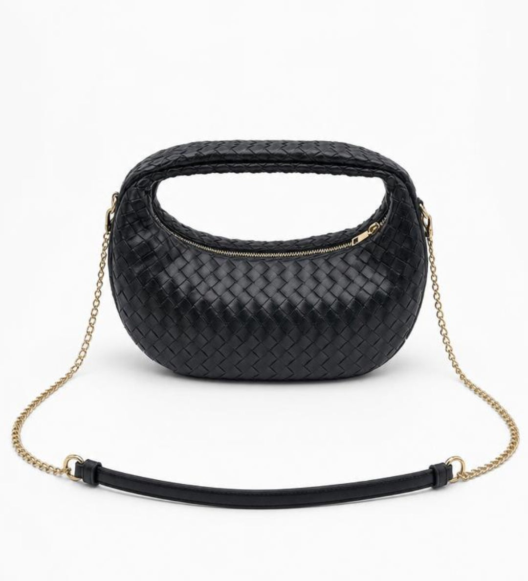 Woven Hobo Chain Shoulder Bag in Black