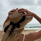Straw Hat With Black Ribbon Bow - svnx