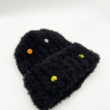 Fluffy Beanie Colourful Buttons In Black
