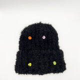 Fluffy Beanie Colourful Buttons In Black