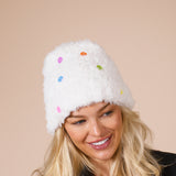Fluffy Beanie Colourful Buttons In Off White