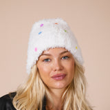 Fluffy Beanie Colourful Buttons In Off White