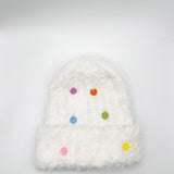 Fluffy Beanie Colourful Buttons In Off White