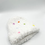 Fluffy Beanie Colourful Buttons In Off White
