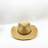 Wide Brim Straw Sun Hat with Adjustable Chin Strap in Beige