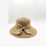 Elegant Wide Brim Straw Sun Hat with Bow in Beige