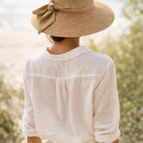 Elegant Wide Brim Straw Sun Hat with Bow in Beige