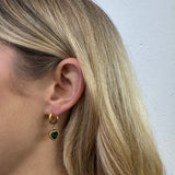 Emerald Green Heart Hoop Earrings in Gold