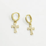 Cross Drop Earring On Gold Hoop - svnx