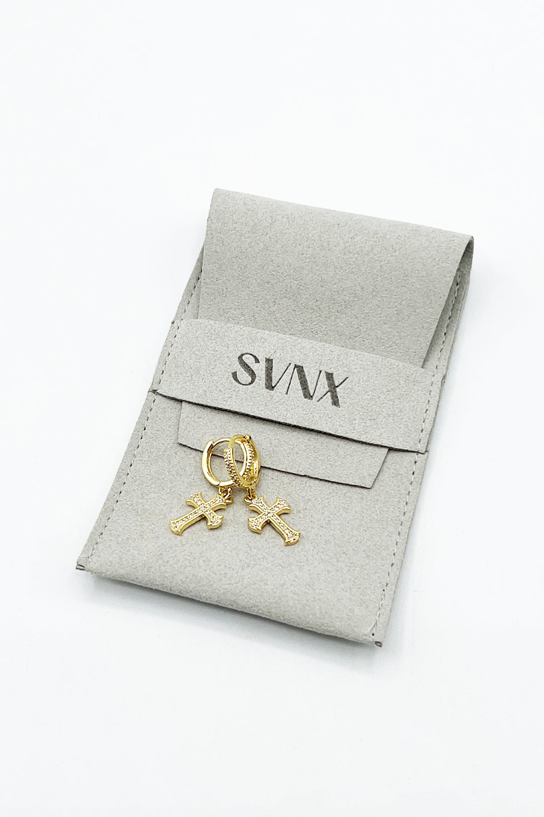 Cross Drop Earring On Gold Hoop - svnx