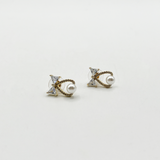 Studded Bow Earrings with Hanging Pearl in Gold