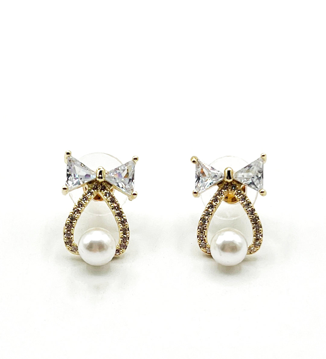 Studded Bow Earrings with Hanging Pearl in Gold - Gift Boxed - svnx