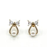 Studded Bow Earrings with Hanging Pearl in Gold - Gift Boxed - svnx