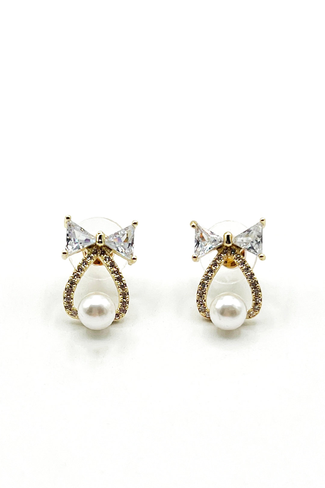 Studded Bow Earrings with Hanging Pearl in Gold - Gift Boxed - svnx