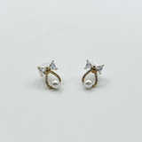 Studded Bow Earrings with Hanging Pearl in Gold