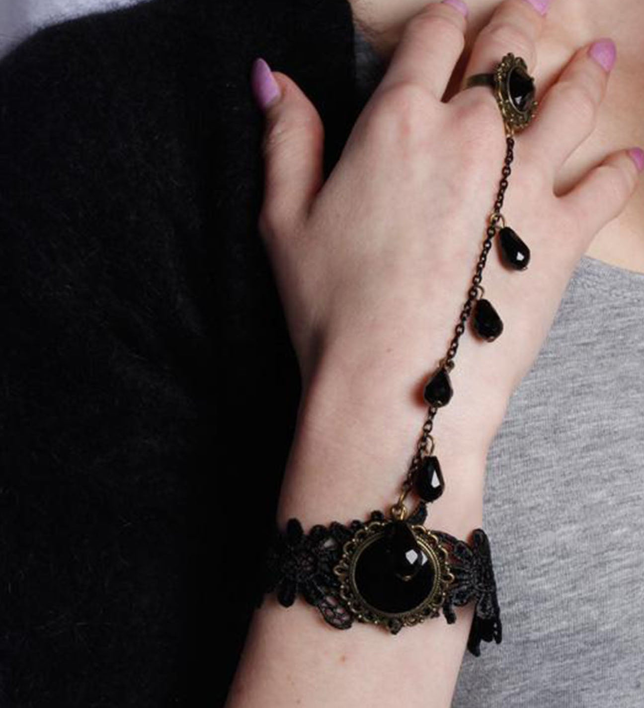 Lace Bracelet With Charm And Ring Detail In Black - svnx